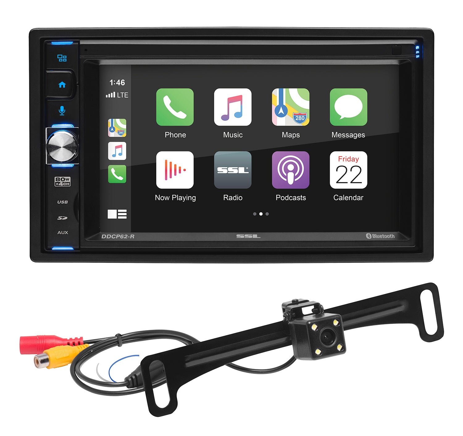 SSL Double-DIN, Apple CarPlay Mech-Less6.2" Touchscreen Bluetooth + Back up Camera
