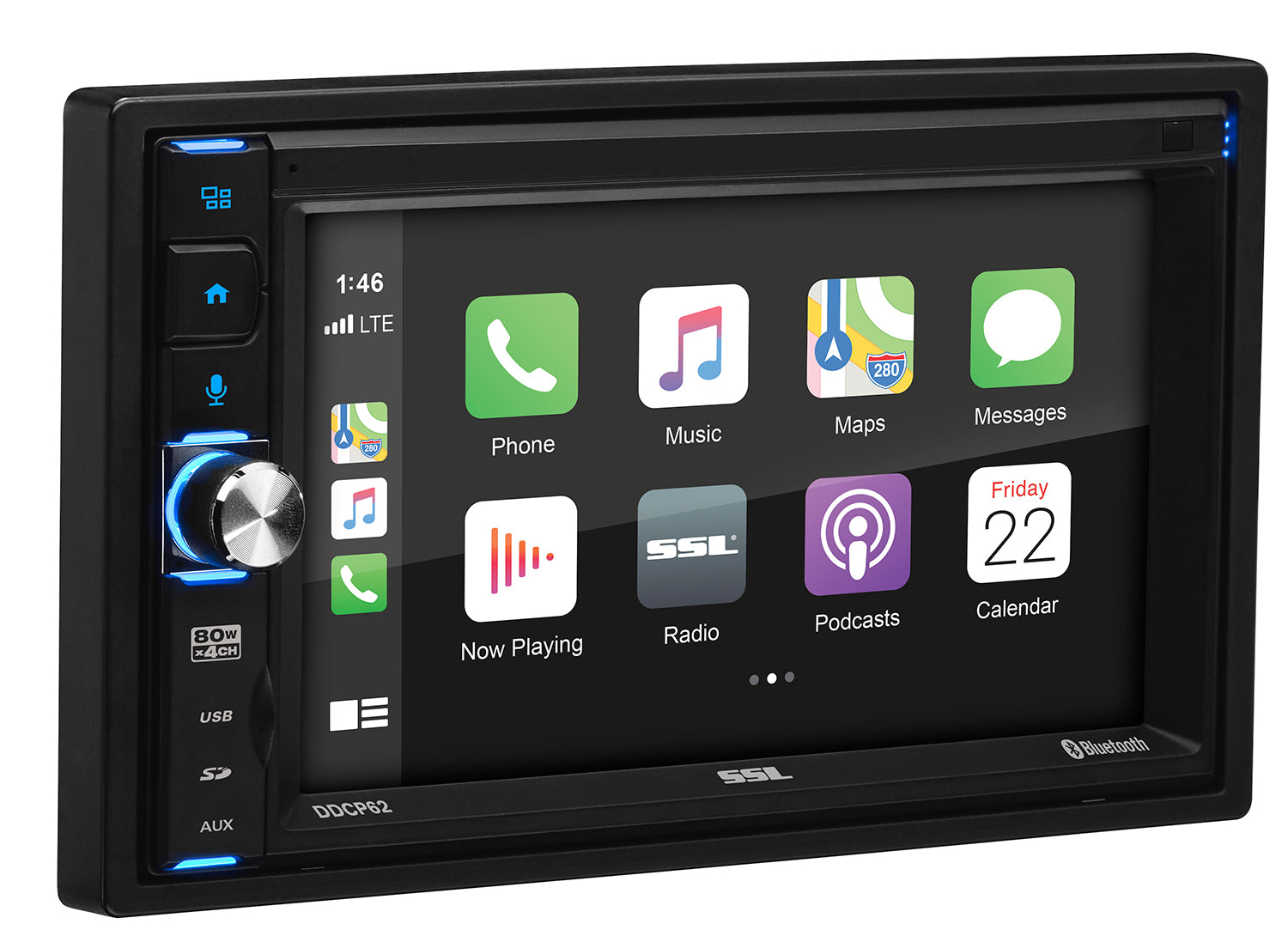 SSL Double-DIN, Apple CarPlay Mech-Less6.2" Touchscreen Bluetooth + Back up Camera
