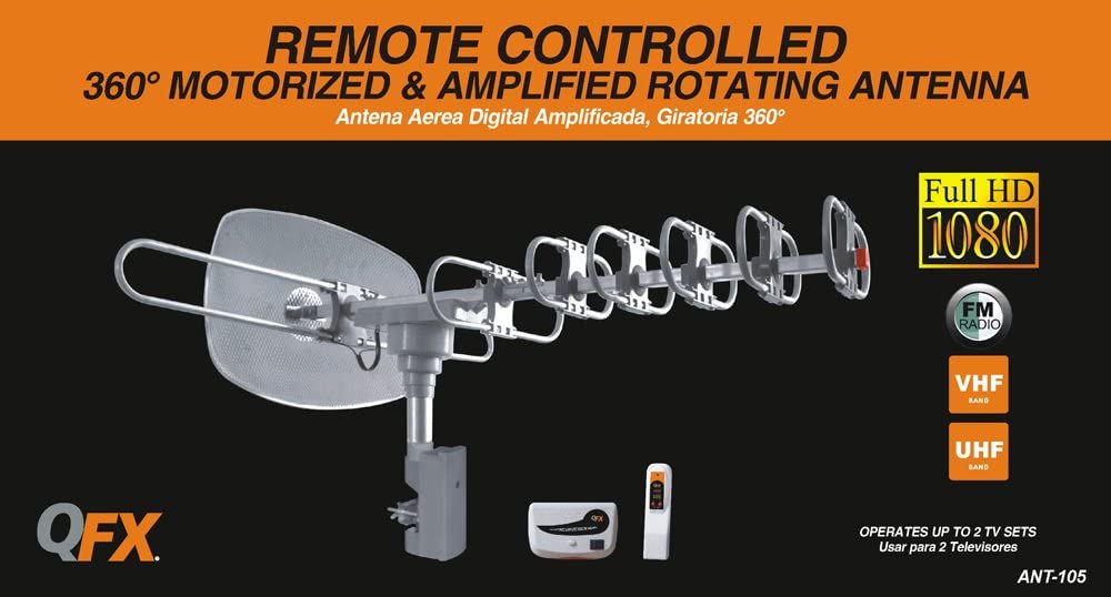 QFX ANT-105 HD DTV UHF VHF FM 360 Degree Motorized Rotating Antenna Full HD 1080