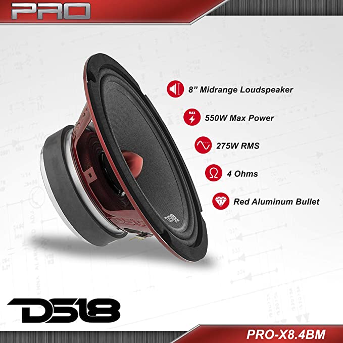 DS18 PRO-X8.4BM Loudspeaker - 8" Midrange Red Aluminum Bullet 550W Max