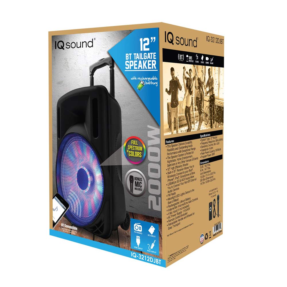 IQ Sound IQ3212DJBTBLK  500 Watt Bluetooth DJ Speaker With LED Lights