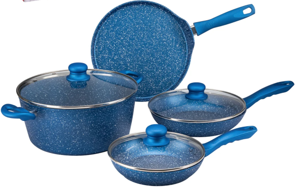 Alpine Cookware 7pc Set Aluminum Blue Nonstick with Marble Coati
