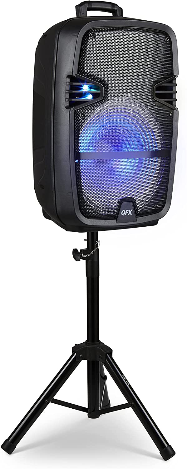 QFX PBX-616SM 15" Bluetooth Rechargeable Speaker with LED Lights, Mic and Stand