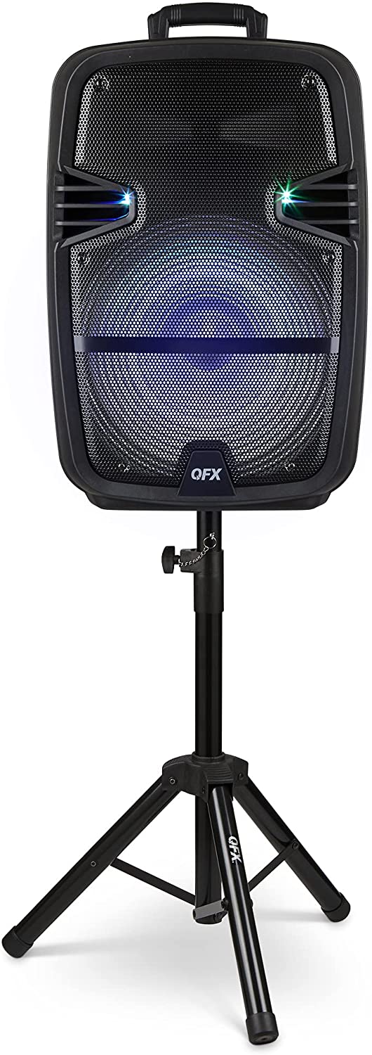 QFX PBX-616SM 15" Bluetooth Rechargeable Speaker with LED Lights, Mic and Stand